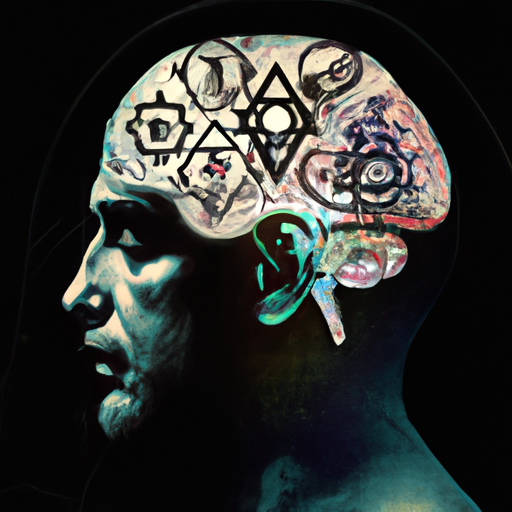 1. איור של מוח אנושי עם סמלים שונים של יהדות, המעביר את הקשר בין המחשבה היהודית למציאות
